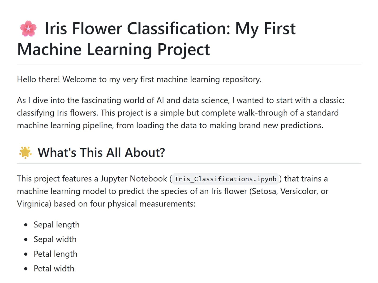 Screenshot of the Iris classification project on GitHub